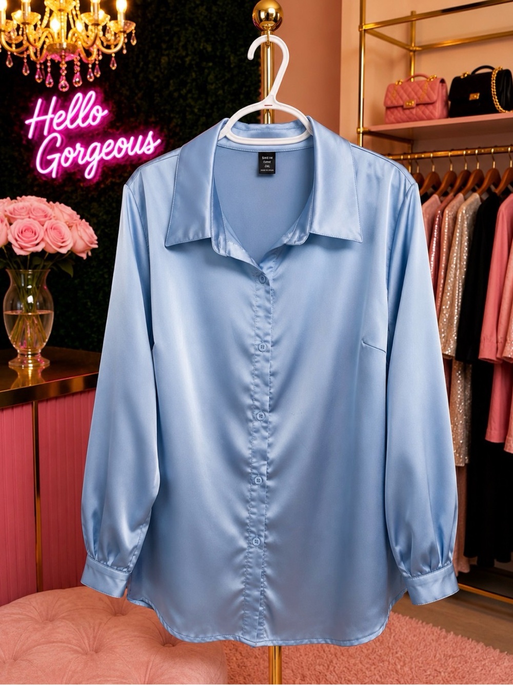 SHEIN Curve Satin Button-Up Blouse | Dusty Blue | 1XL